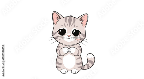 Adorable grey tabby kitten with large expressive eyes and small paws looks directly forward with a cute expression.