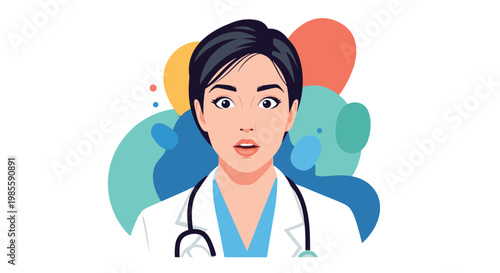 Surprised female doctor wearing a white lab coat and a stethoscope looks ahead with a wide eyed shocked expression.