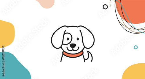 Minimalist line art illustration of a cute dog face with a spot on its eye surrounded by colorful abstract shapes.