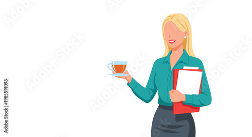 Cheerful blonde woman in teal office attire holding a glass cup of hot tea and a red document folder on white.