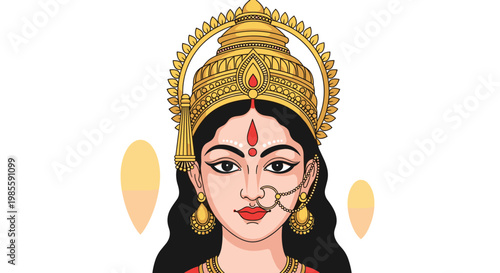 Beautiful portrait illustration of the Hindu goddess Durga wearing an ornate golden crown and traditional jewelry.