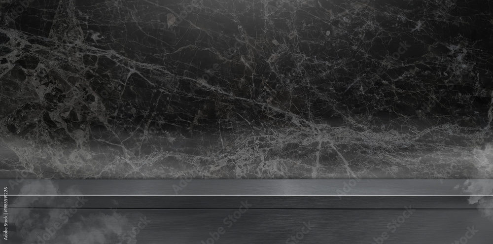 Fototapeta premium Luxury Black Marble Wall with Dark Metal Countertop and Smoke Effect, Elegant Stone Surface Background for Product Placement, Modern Kitchen Interior Mockup with Steam and Textured Backsplash.