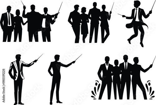Conductor silhouette, orchestra conductor vector, music director silhouette, maestro with baton, symphony conductor illustration, musical performance black silhouette set