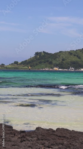 Jeju Island, Hyeopjae Beach, Hallim, white sand beach and sea, Hallim-ro, Hallim-eup, Geumneung Beach, Jeju-do, South Korea, Jeju Province, landscape view in a sunny day, and Biyangdo island