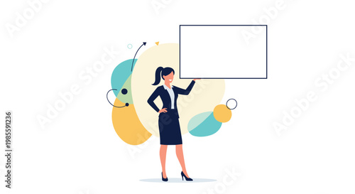 Professional businesswoman in a dark suit holding up a blank white horizontal sign for your custom text or message.