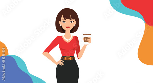 Stylish woman with short brown hair wearing a red shirt and pearl necklace holding a coffee cup on white background.