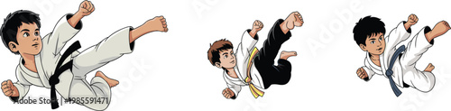 Karate Boy Dynamic Flying Kick High Side Kick Action Pose Martial Arts Illustration Vector Cartoon Character White Gi Black Belt