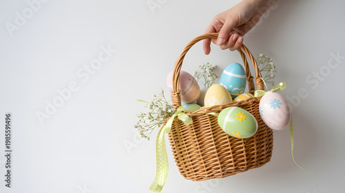 A hand holding a wicker basket filled with colorful Easter eggs and flowers