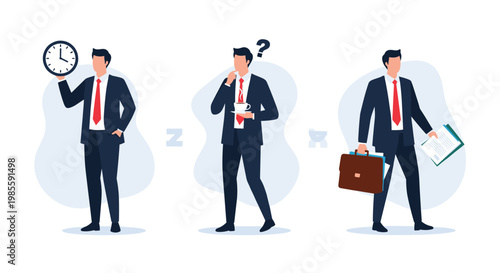 Businessman character in three different scenes representing time management, planning, and arriving for work.