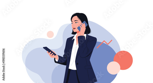 Businesswoman handling multiple tasks by talking on one mobile phone while holding another one in her other hand.