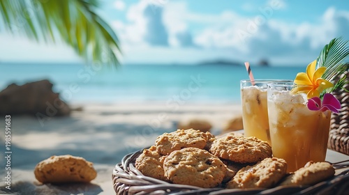 Cookies and biscuits with tropical drinks on a sunny beach setting