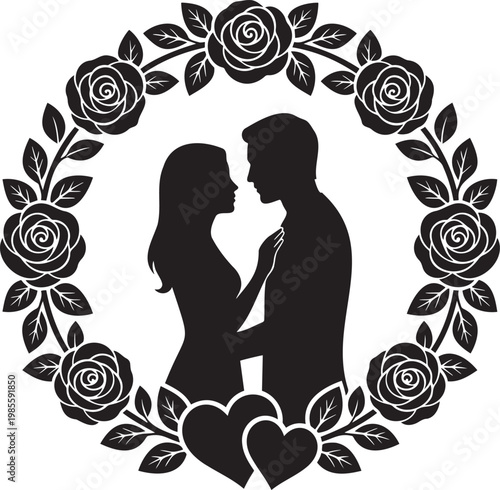 Romantic Couple Silhouette Embracing Inside Floral Rose Wreath with Hearts, Vector Illustration
