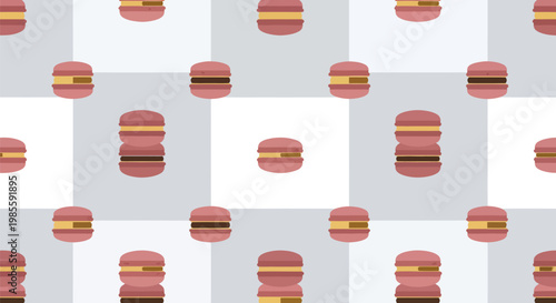 Seamless Food Pattern Background with Pink French Macarons, Elegant Pastry Texture Design with Checkered Backdrop, Sweet Dessert Illustration for Bakery Branding