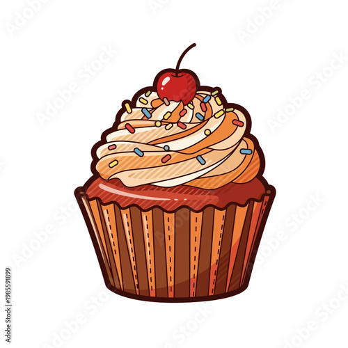 A cartoon illustration of a delicious cupcake with creamy frosting, colorful sprinkles, and a red cherry on top, isolated on a white background.