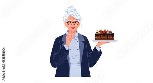 Senior woman chef with grey hair and glasses presenting a delicious chocolate layer cake topped with fresh berries.