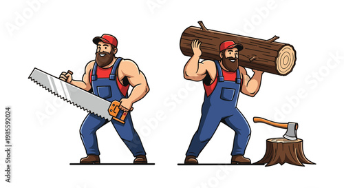Strong lumberjack characters shown holding a large saw and carrying a heavy log near an axe stuck in a tree stump.