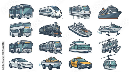 A collection of various modern and classic transportation vehicles including buses, trains, ships, cars, and cable cars, on a white background.