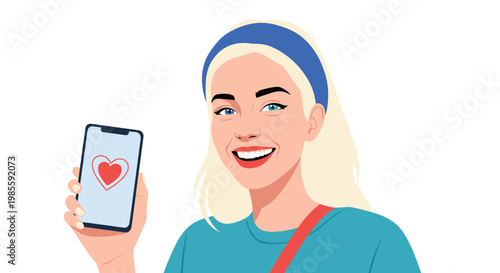 Smiling blonde woman showing her smartphone with a red heart icon on the screen representing love or dating.