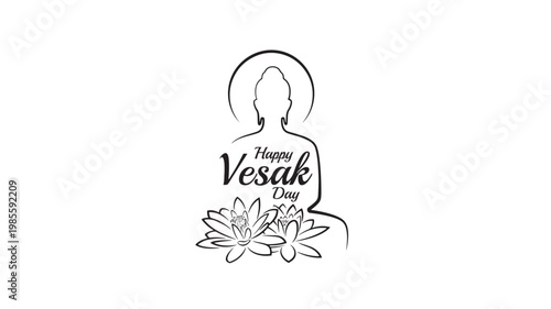 Woman silhouette with lotus flowers and Happy Vesak Day calligraphy in minimalist line art style featuring Buddha, spiritual, floral ornament with