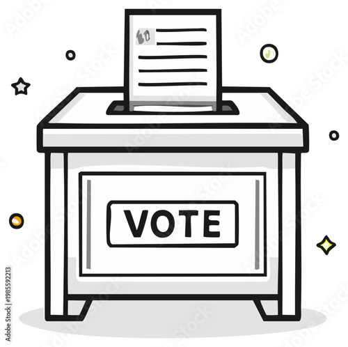 Illustration of a voting booth with a ballot and the word VOTE displayed prominently