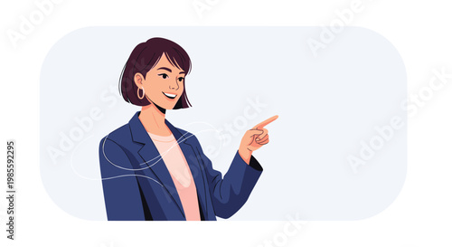 Smiling young woman in blue blazer and earrings pointing her finger to the right side against a soft blue background.