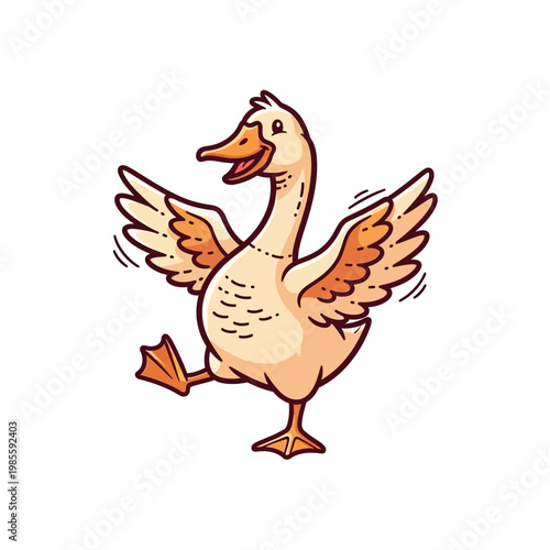 A cheerful cartoon goose with spread wings and one leg raised, dancing happily on a white background.