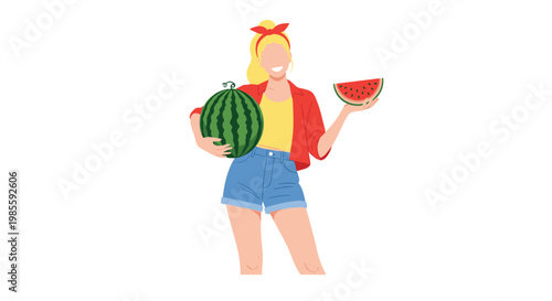 Stylish blonde woman in red shirt and denim shorts holding a whole watermelon and a fresh juicy slice.