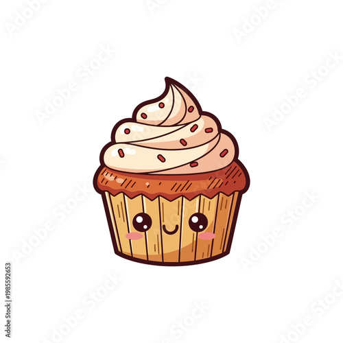 Adorable cartoon cupcake with creamy frosting and sprinkles, featuring a cute smiling face.