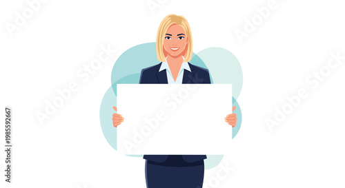 Professional blonde woman in dark business suit holding a blank horizontal white sign for your text or advertisement.