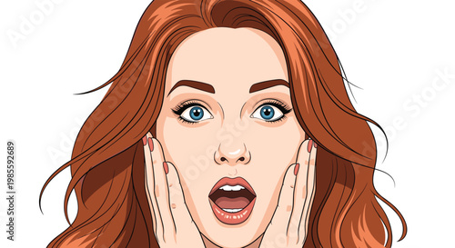 Close up portrait of a young woman with long red hair expressing shock and surprise with an open mouth.