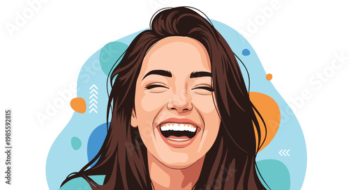 Close up portrait of a joyful woman with long brown hair laughing heartily with a wide smile against abstract shapes.
