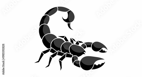 Black vector graphic of a scorpion with segmented body prominent claws and a curved stinger tail set against a clean white backdrop