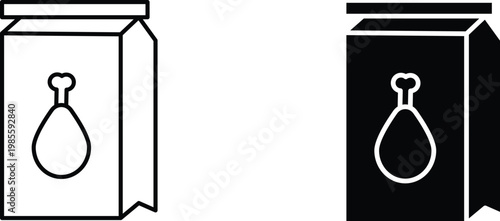 Chicken drumstick in a paper bag icon, food delivery and takeout packaging vector. Fast food meal symbol, restaurant menu graphic element, black and white line art illustration