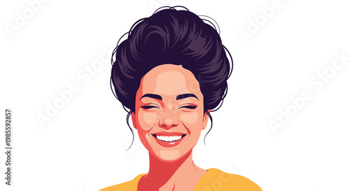 Close up portrait of a beautiful smiling woman with a high bun hairstyle and happy facial expression.