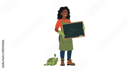 Professional African female gardener in green apron and gloves holding a blank blackboard for your gardening message.