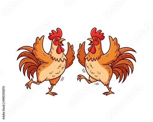 Two cartoon roosters dancing with their wings spread and legs in motion.