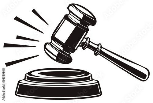 Black and white gavel and base illustration, justice and legal concept.