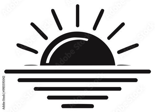 Sun rising over water horizon with stylized sun rays and waves silhouette