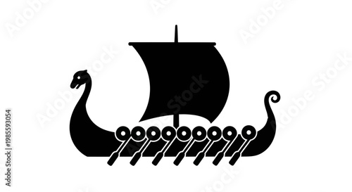 Black Silhouette Viking Longship with Oars and Sail