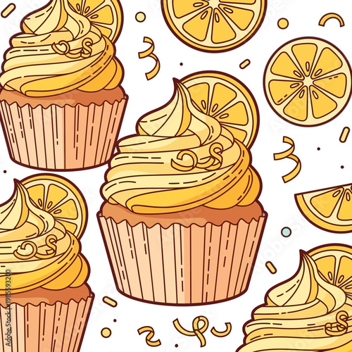 A vibrant seamless pattern featuring cartoon lemon cupcakes with yellow frosting and lemon slices, surrounded by scattered lemon wedges and confetti.
