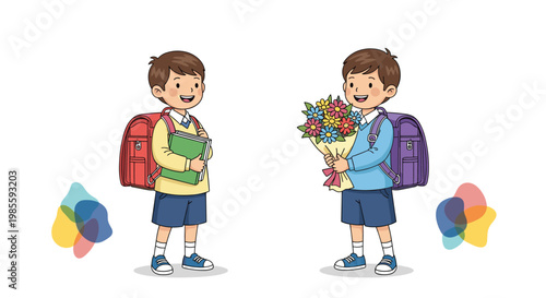 Two young schoolboys with backpacks standing together, one holding a green book and the other a bouquet of flowers.