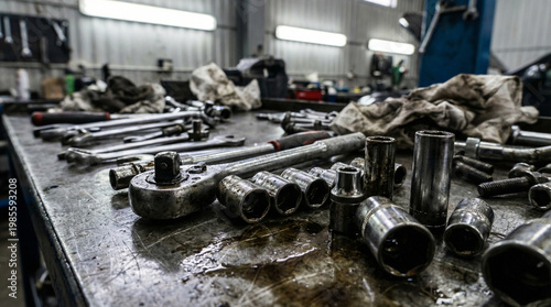 Assorted Mechanical Tools and Parts on Grimy Workbench in Workshop