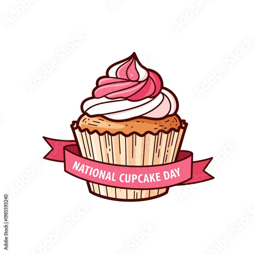 A cartoon illustration of a cupcake with pink and white frosting, wrapped in a pink ribbon banner that says "NATIONAL CUPCAKE DAY".