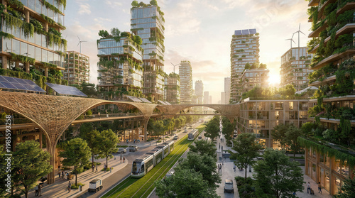 Futuristic green city with sustainable buildings, vertical gardens, solar panels, and wind turbines. Eco-friendly urban landscape, vision of future.