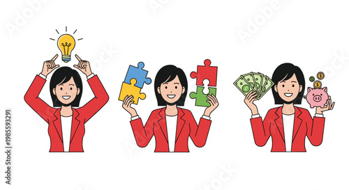 Businesswoman in red suit shown in three poses with a light bulb idea, puzzle pieces, and saving money in a piggy bank.