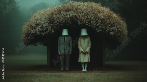 Two people dressed in suits stand silently beneath a large, blooming flower canopy in a foggy setting, creating an atmosphere of mystery and intrigue