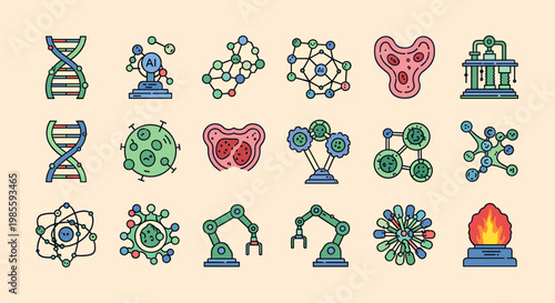 A playful illustration combining an atom model and a DNA strand. Ideal for educational materials, science communication, or representing concepts of i