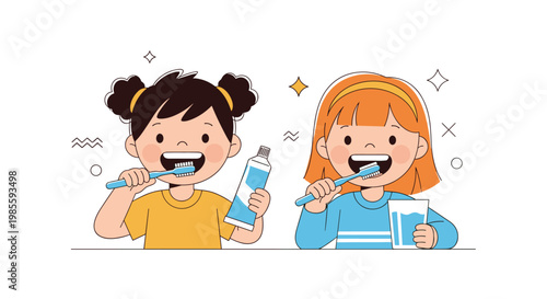 Two young girls, one brunette and one redhead, happily brushing their teeth together with toothpaste and water.