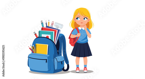 Cute schoolgirl with blonde hair standing near big blue backpack full of stationery and notebooks thinking about her lessons.