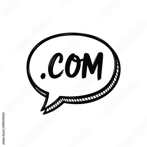 Hand drawn speech bubble contains the domain extension com in bold lettering